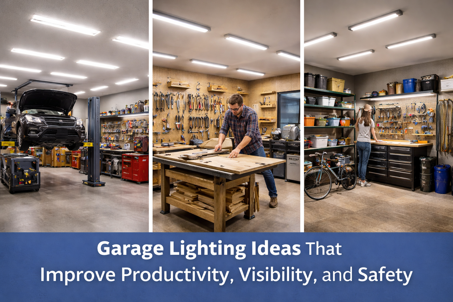 Split image of a well-lit garage showing LED lighting over an automotive repair bay, a woodworking workbench, and organized storage areas, with on-image text highlighting garage lighting ideas that improve productivity, visibility, and safety.
