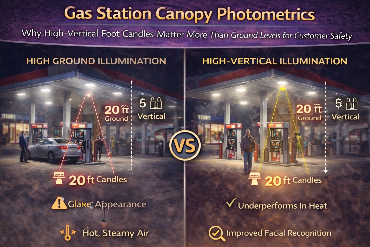 Gas station canopy lighting photometric comparison showing high ground foot-candle illumination versus high vertical foot-candle illumination and the impact on facial recognition, glare reduction, and customer safety
