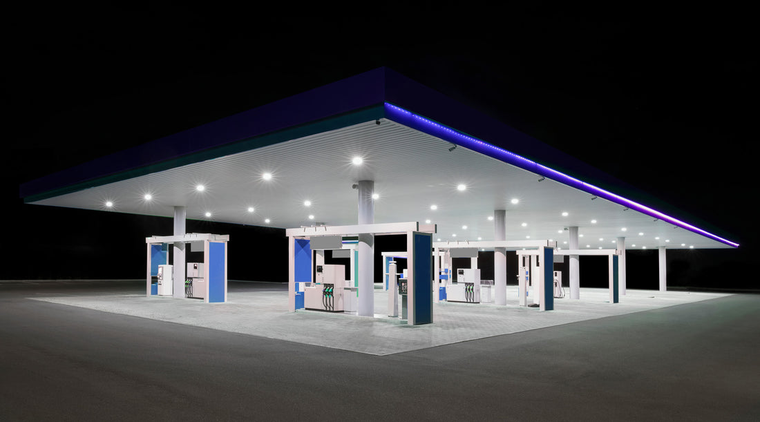 Gas station canopy with LED canopy lights