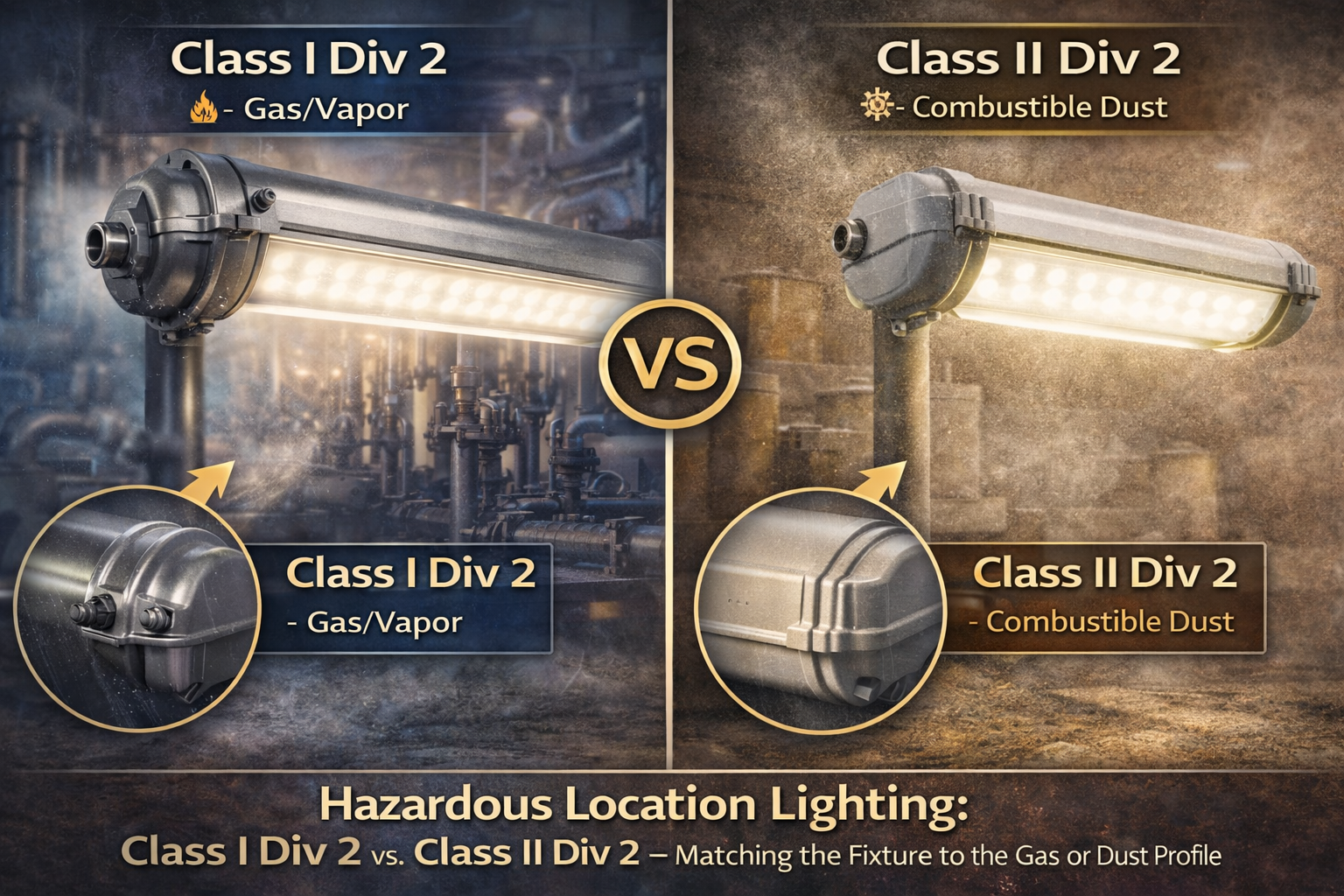 Side-by-side comparison of hazardous location LED fixtures showing Class I Division 2 lighting for gas and vapor environments versus Class II Division 2 lighting for combustible dust environments in industrial facilities