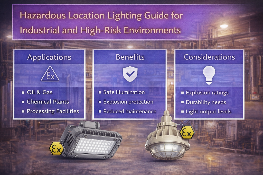 Hazardous location LED lighting used in industrial and high-risk environments such as oil and gas facilities, chemical plants, and processing areas