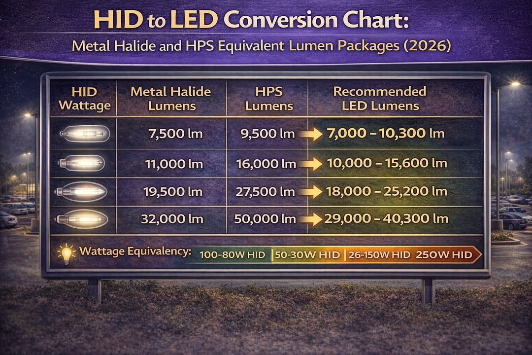 HID to LED conversion chart comparing metal halide and high pressure sodium lumen output with recommended LED lumen packages for 2026 lighting upgrades