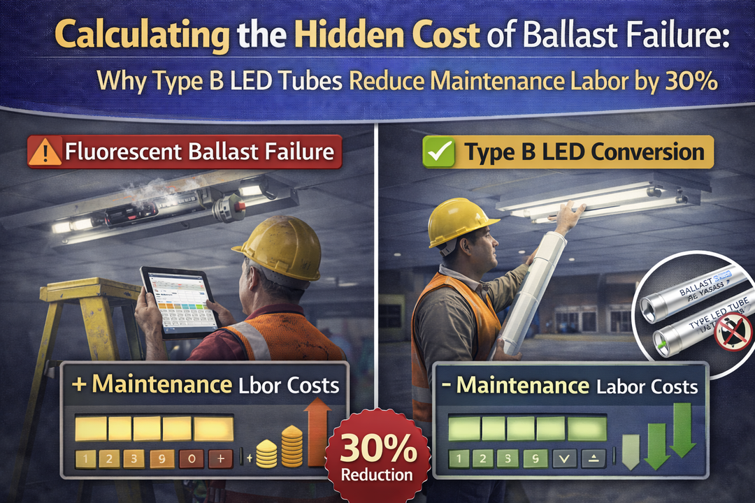 Comparison illustrating fluorescent ballast failure versus Type B LED tube conversion, showing reduced maintenance labor and lower long-term operating costs in commercial lighting systems