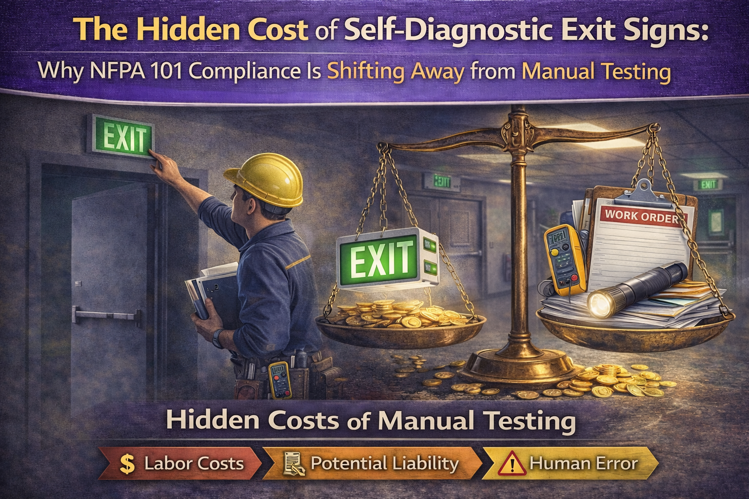Illustration showing the hidden costs of manual testing for self-diagnostic LED exit signs, highlighting labor time, compliance liability, and human error under NFPA 101 life safety requirements