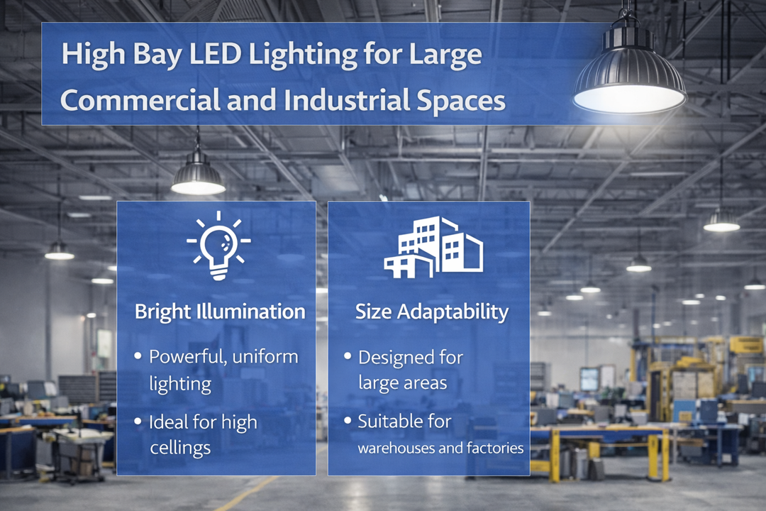 High bay LED lighting installed in large commercial and industrial spaces to provide uniform illumination across high ceilings