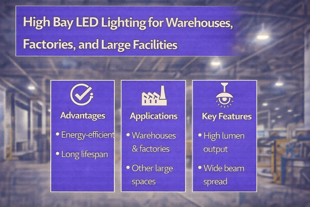 High bay LED lighting installed in warehouses, factories, and large facilities to provide uniform illumination for high-ceiling environments