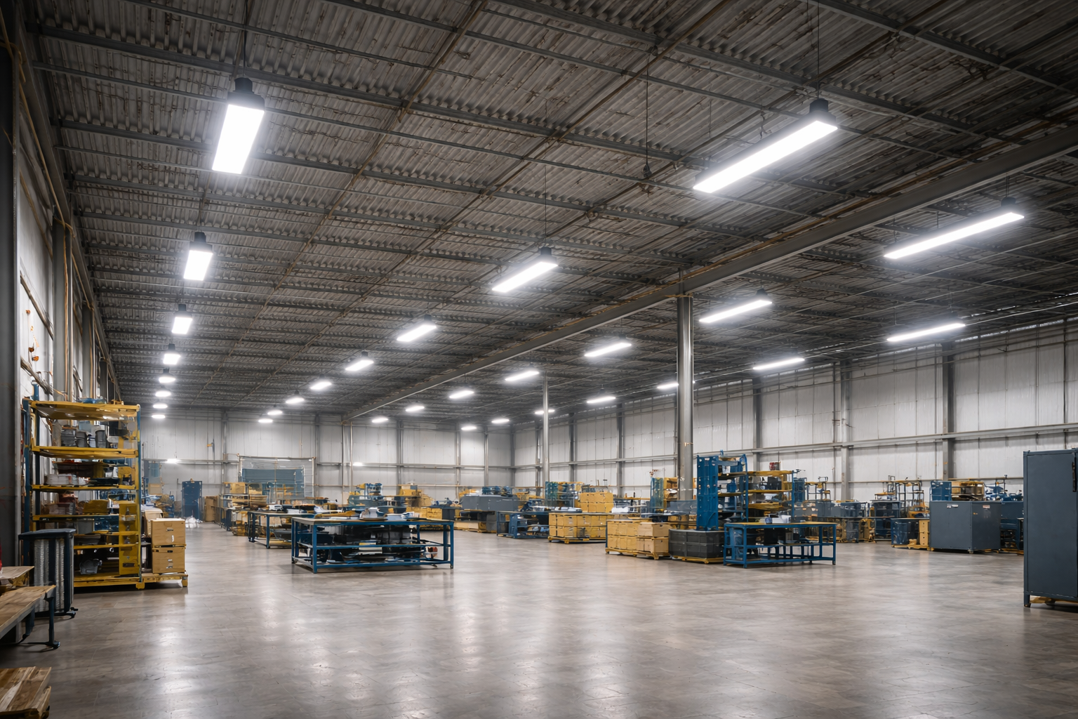 Linear high bay LED lighting illuminating an industrial facility with high ceilings, providing uniform, glare-controlled illumination across production and work areas.