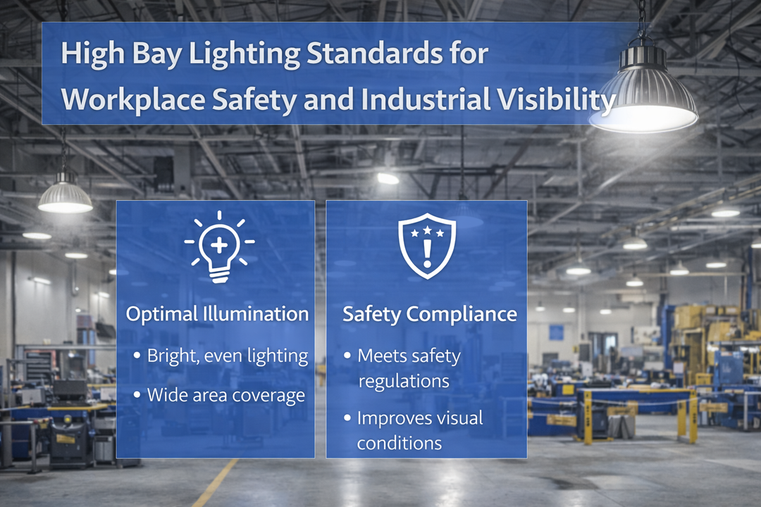 High bay LED lighting standards illustrating workplace safety and industrial visibility in a warehouse environment