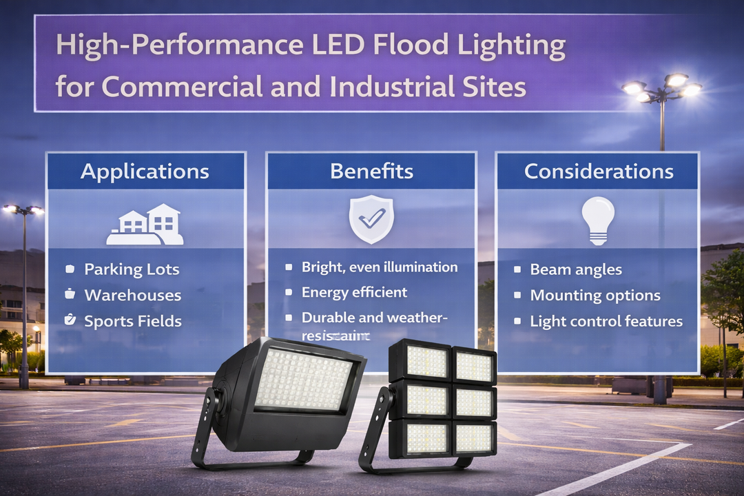 High-performance LED flood lighting installed at commercial and industrial sites showing applications, benefits, and specification considerations