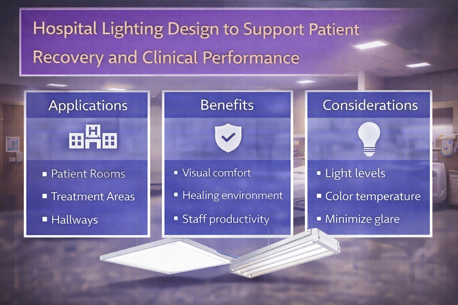 Hospital lighting design graphic showing LED fixtures used in patient rooms, treatment areas, and corridors to support visual comfort, healing environments, and clinical staff performance