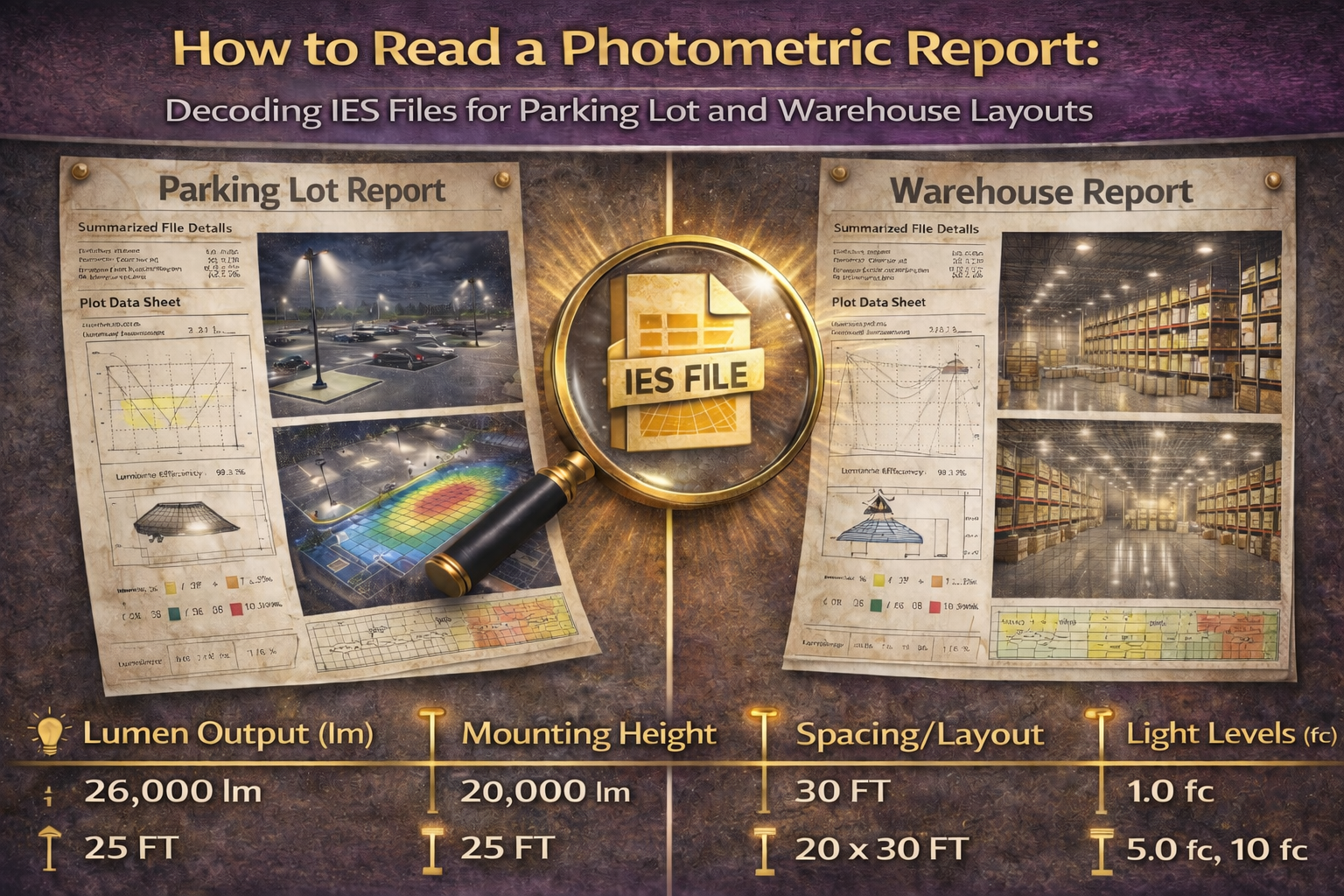 Educational infographic showing how to read a photometric report, with IES file data illustrated for parking lot and warehouse lighting layouts, including light distribution plots, footcandle levels, mounting height, and spacing diagrams