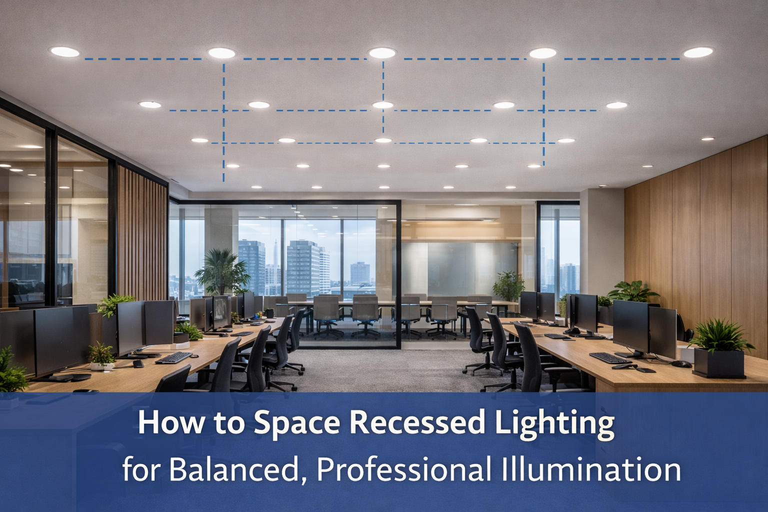 Modern commercial office with evenly spaced recessed LED downlights installed across the ceiling, including dashed guide lines and on-image text illustrating how to space recessed lighting for balanced, professional illumination.