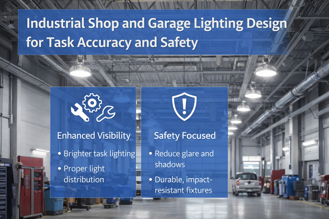 Industrial shop and garage lighting design using LED high-bay fixtures to support task accuracy and workplace safety