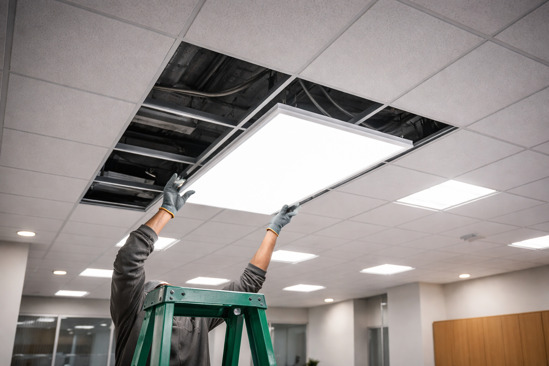 Technician installing an LED drop ceiling panel light into a suspended T-bar ceiling system in a commercial or institutional interior.