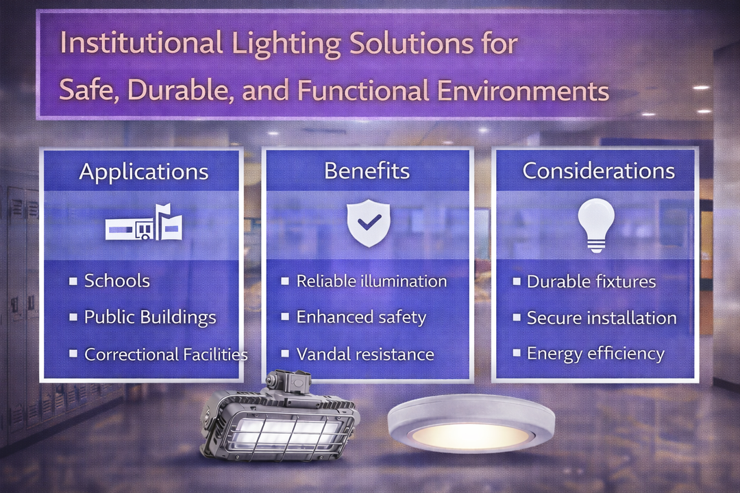 Institutional lighting solutions using LED fixtures in schools and public buildings to support safe, durable, and functional environments