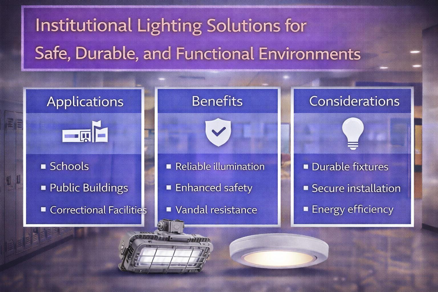 Institutional lighting solutions using LED fixtures in schools and public buildings to support safe, durable, and functional environments