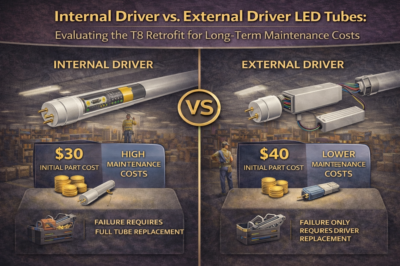 Comparison of internal driver and external driver T8 LED tubes showing differences in maintenance and replacement costs