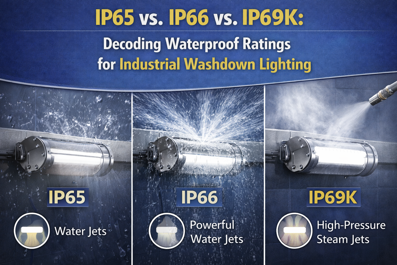 Comparison of IP65, IP66, and IP69K rated LED washdown light fixtures exposed to water jets and high-pressure steam in industrial environments