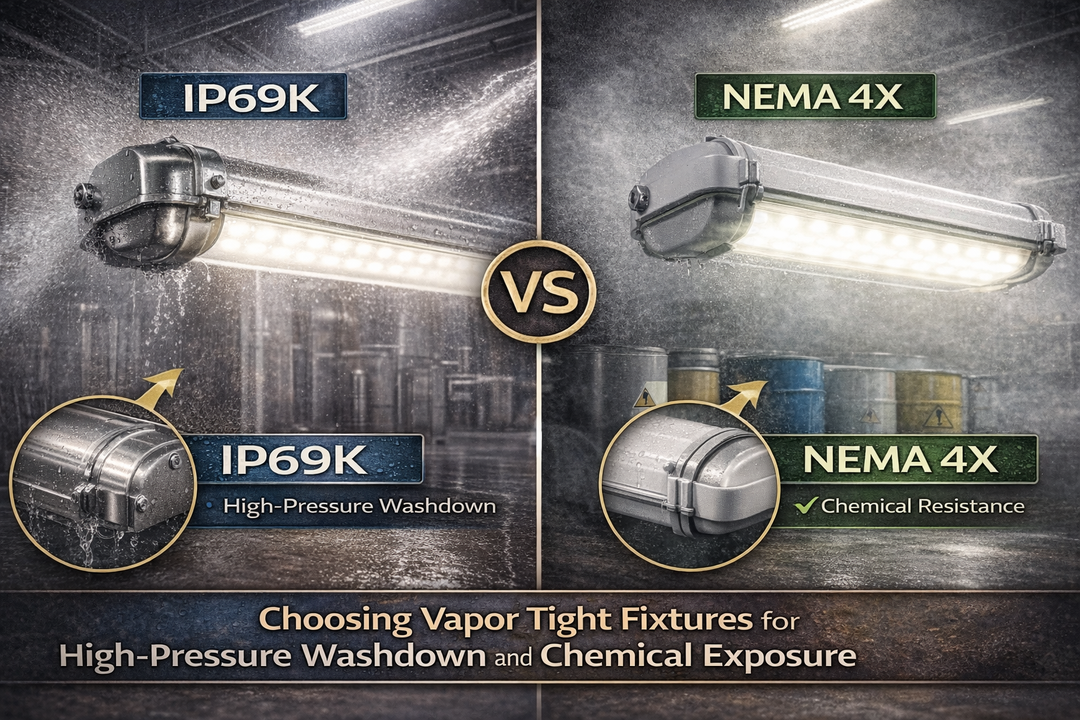 Side-by-side comparison of IP69K and NEMA 4X vapor tight LED fixtures showing high-pressure washdown resistance on the IP69K side and chemical exposure protection on the NEMA 4X side in industrial environments