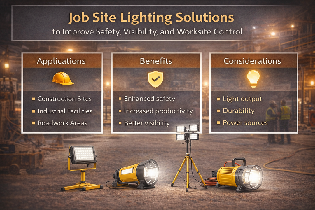 Job site lighting solutions infographic showing applications, benefits, and key considerations to improve safety, visibility, and worksite control
