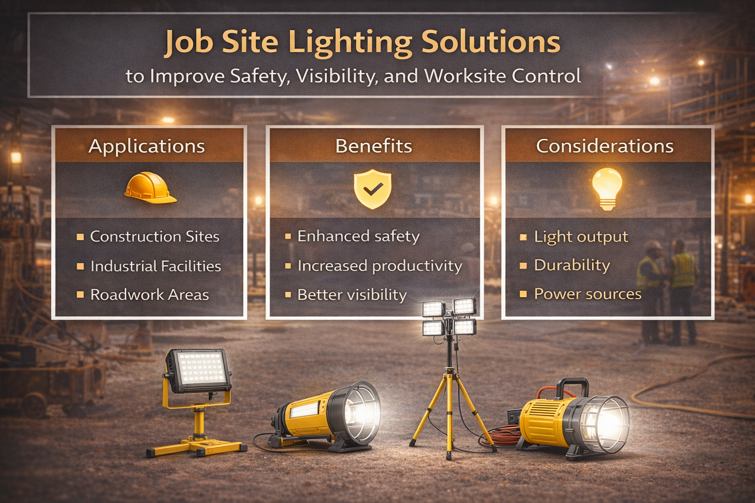 Job site lighting solutions infographic showing applications, benefits, and key considerations to improve safety, visibility, and worksite control
