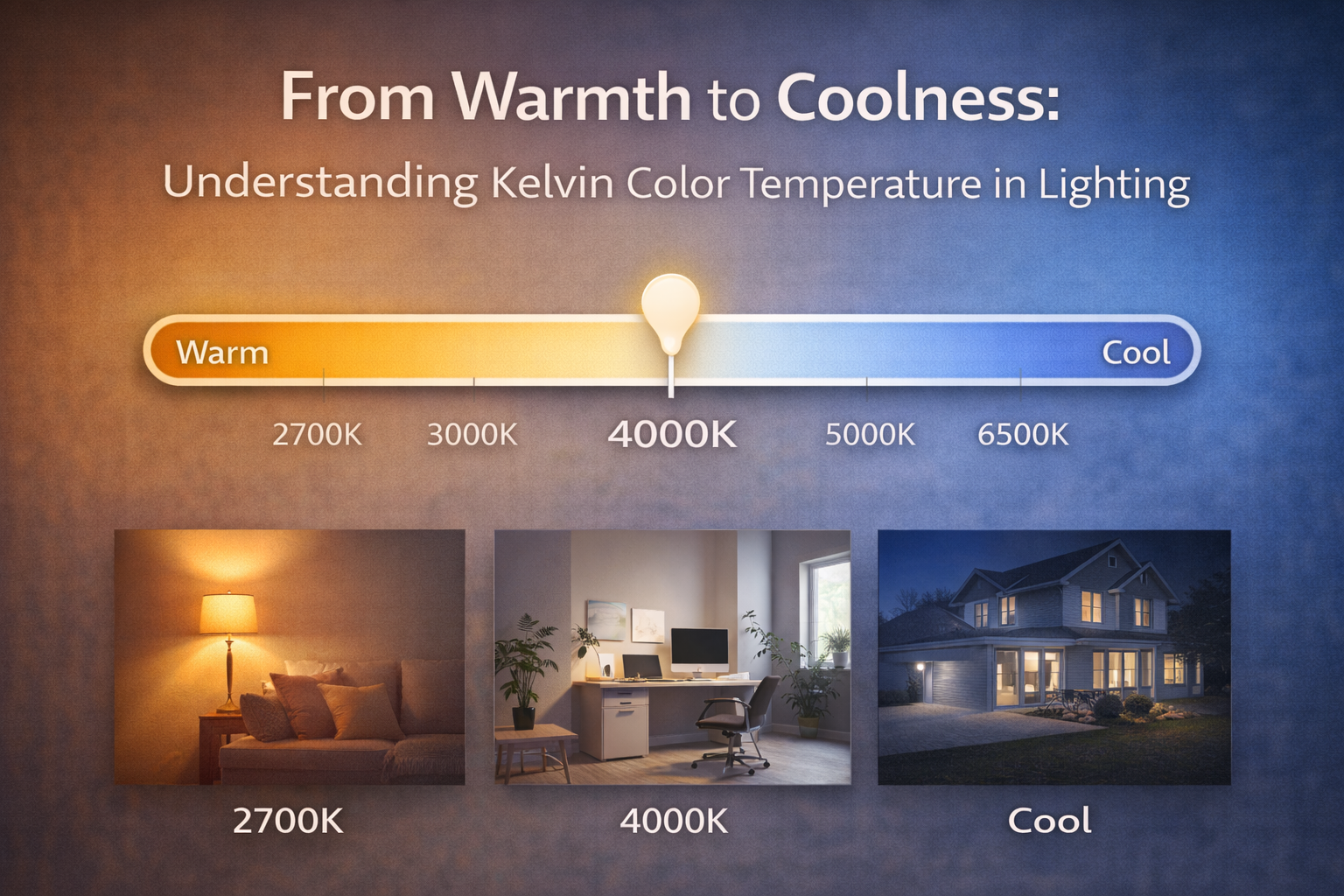 Graphic illustrating Kelvin color temperature in lighting, showing warm, neutral, and cool light ranges from 2700K to 6500K