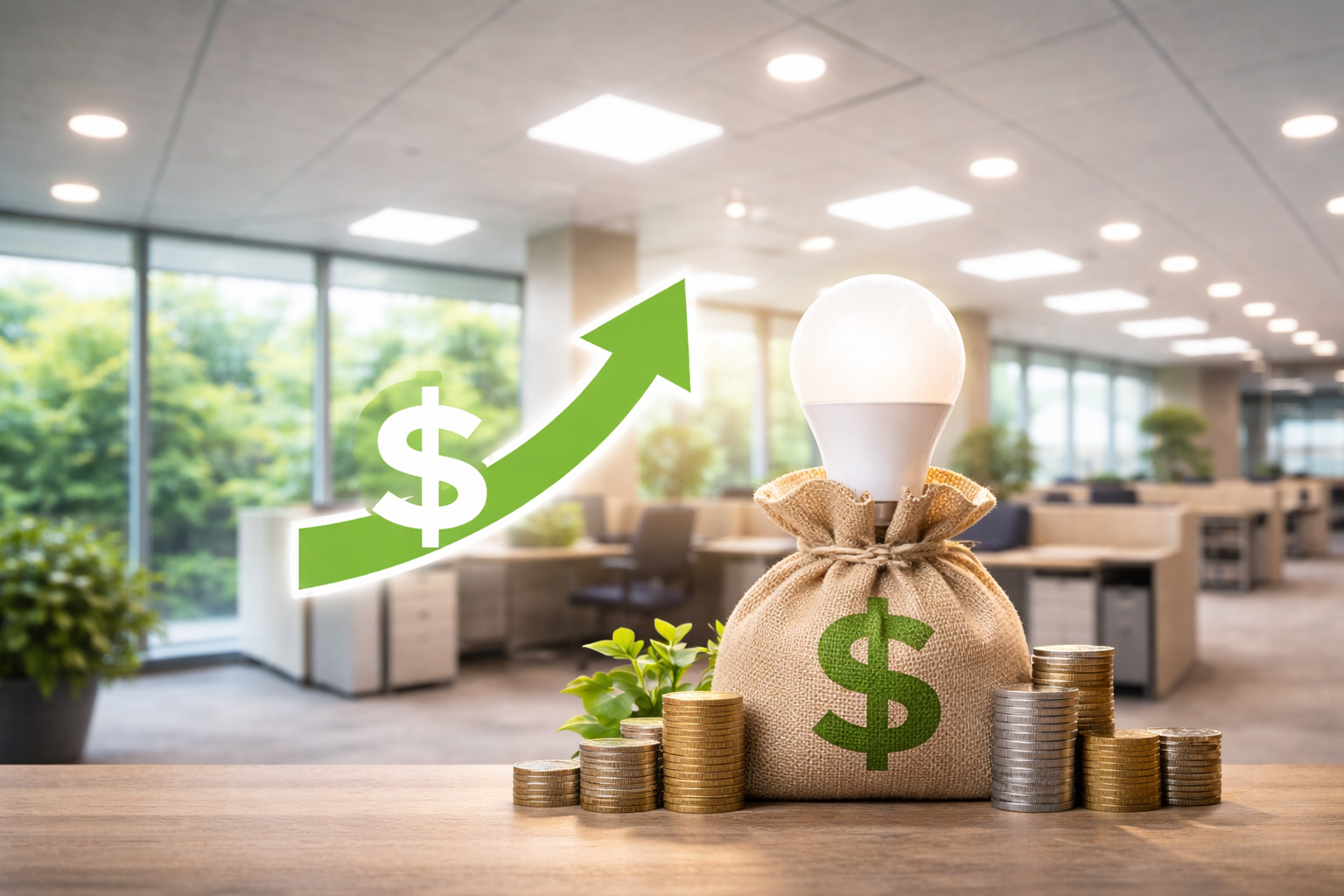LED bulb positioned above a money bag and stacked coins inside a commercial office environment, illustrating how LED lighting helps reduce operating costs.