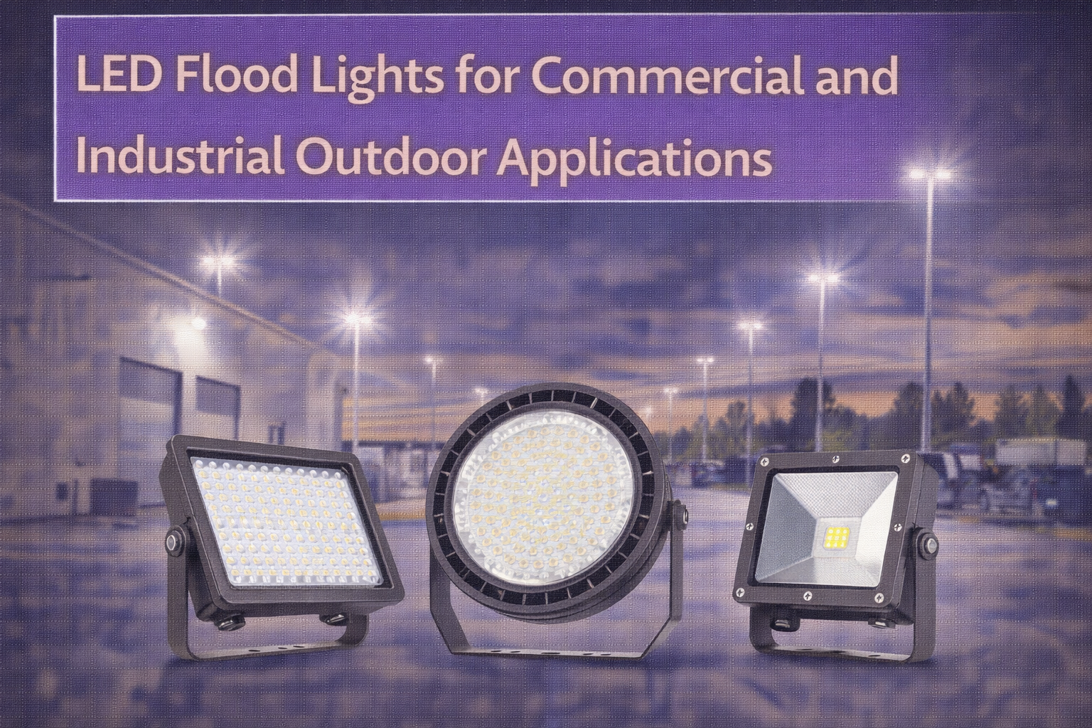 LED flood lights used for commercial and industrial outdoor applications illuminating building exteriors and site areas