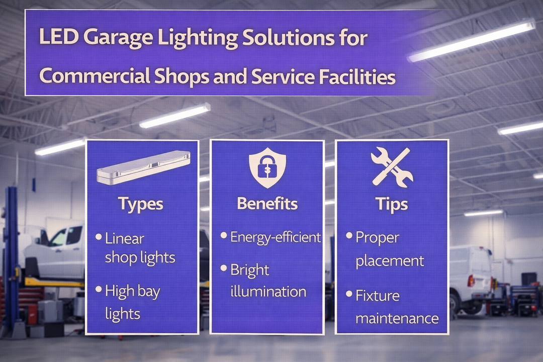 LED garage lighting installed in commercial shops and service facilities using linear shop lights and high bay fixtures for uniform workspace illumination