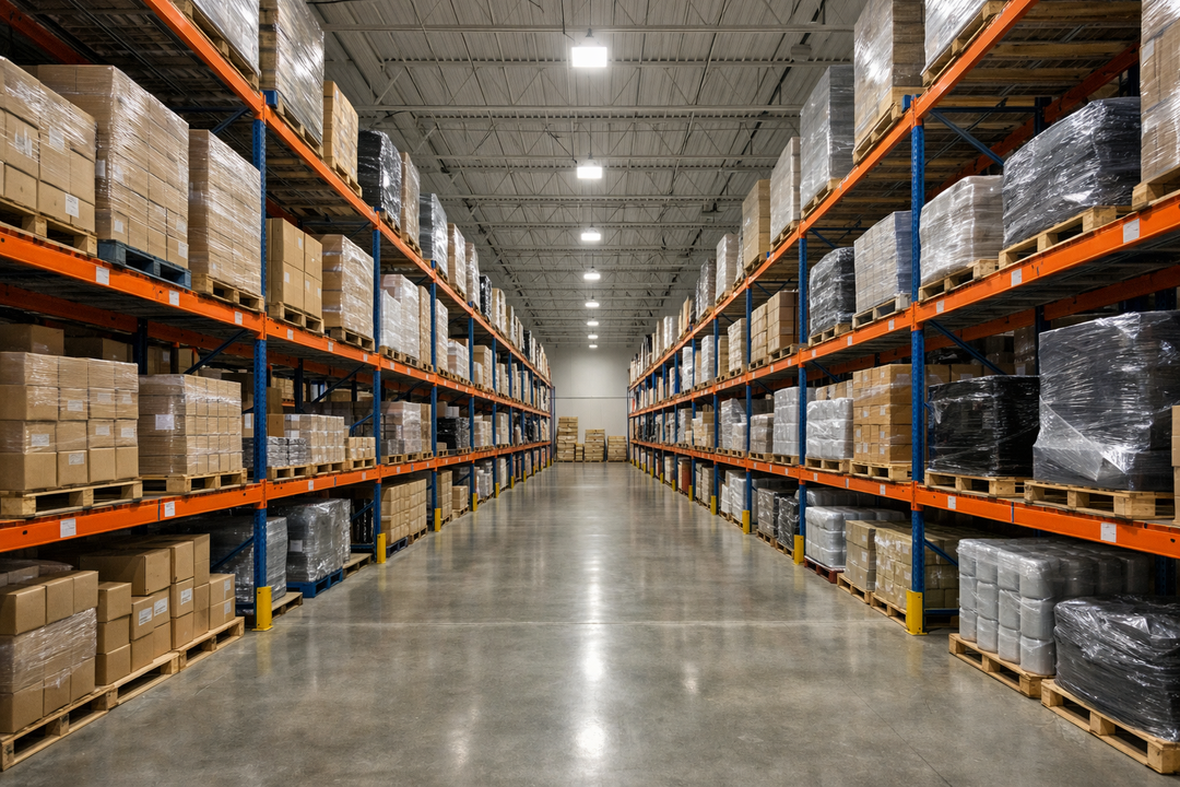 LED lighting systems illuminating a commercial warehouse and distribution facility with high bay fixtures providing uniform, energy-efficient light across storage aisles.