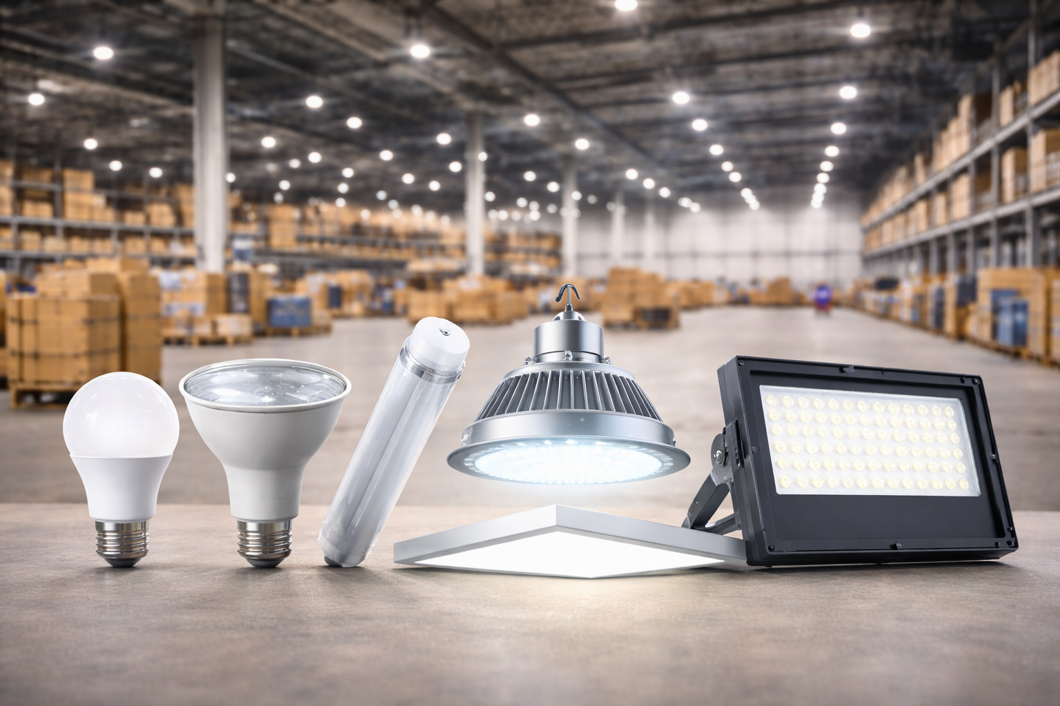 Various LED lighting types including A19 bulbs, PAR lamps, LED tubes, UFO high bay lights, flat panel lights, and floodlights displayed in a commercial warehouse setting.