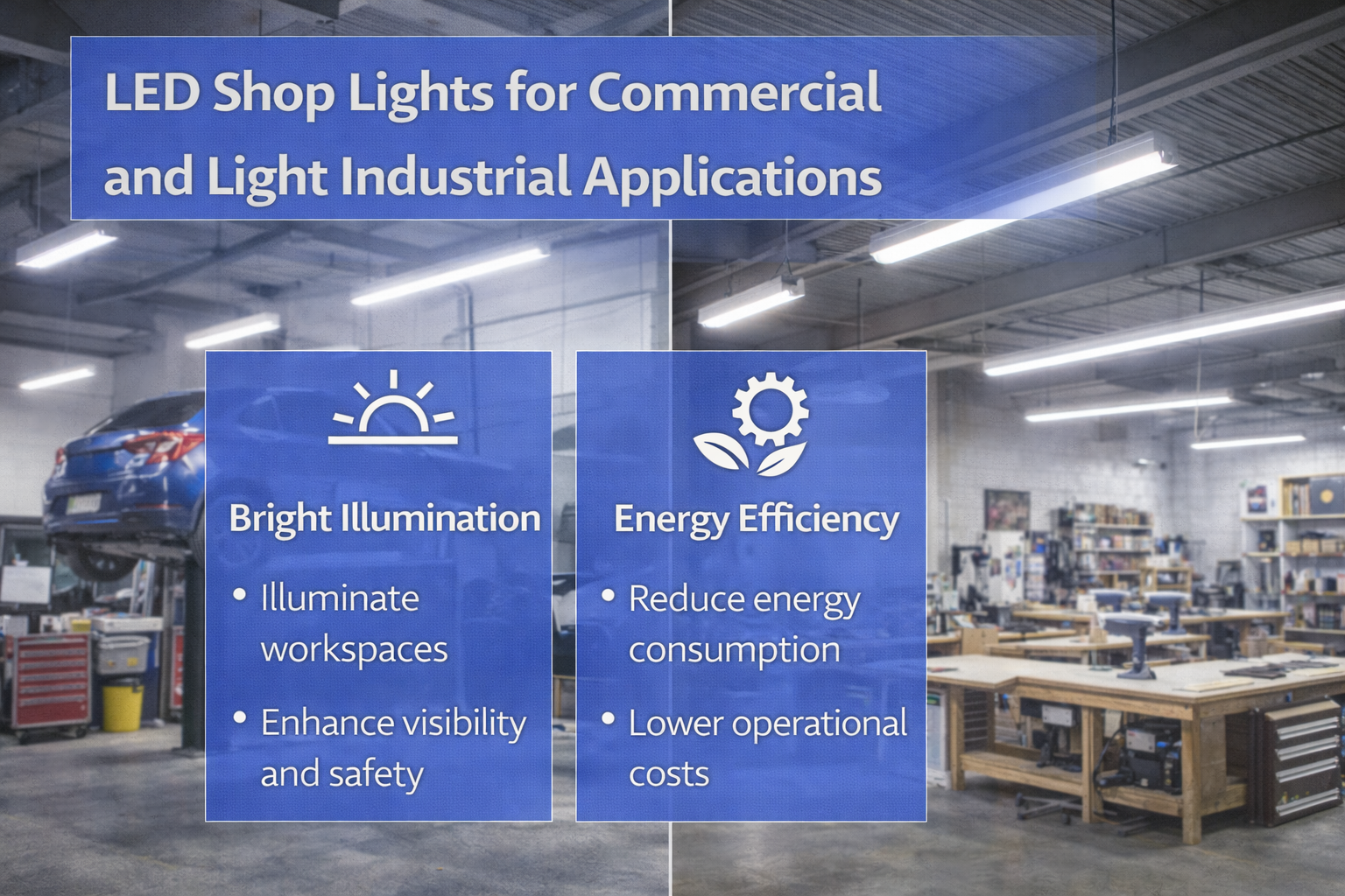 LED shop lights installed in commercial and light industrial workspaces to provide uniform task lighting