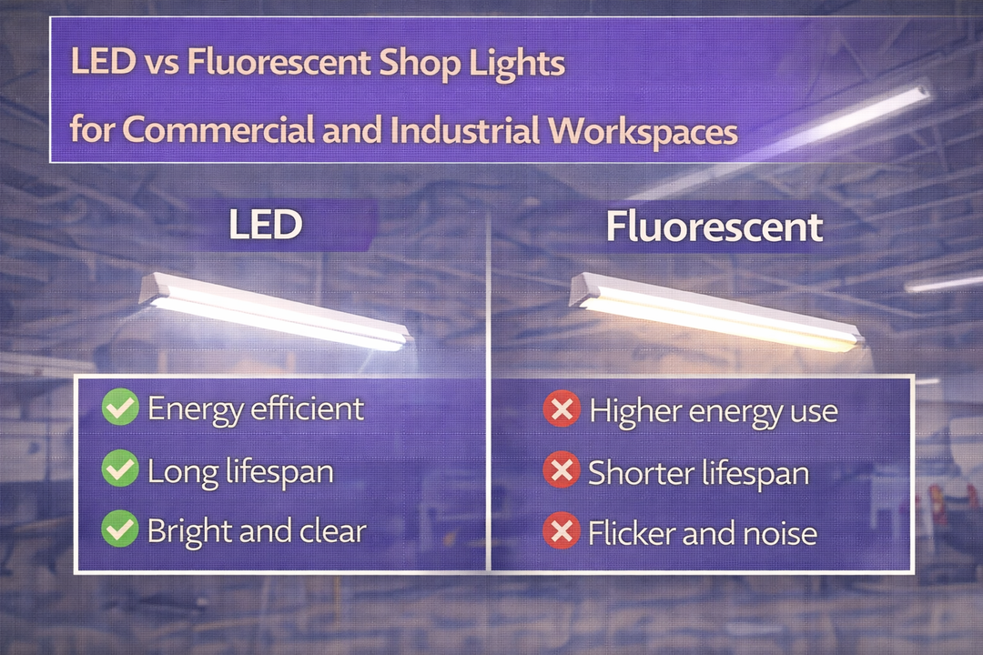 Comparison of LED and fluorescent shop lights used in commercial and industrial workspaces highlighting differences in efficiency, lifespan, and light quality