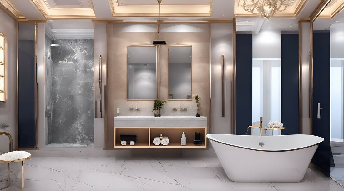 LED wall sconces shown throughout modern bathroom with a luxurious bathtub, stylish sink, and elegant mirror