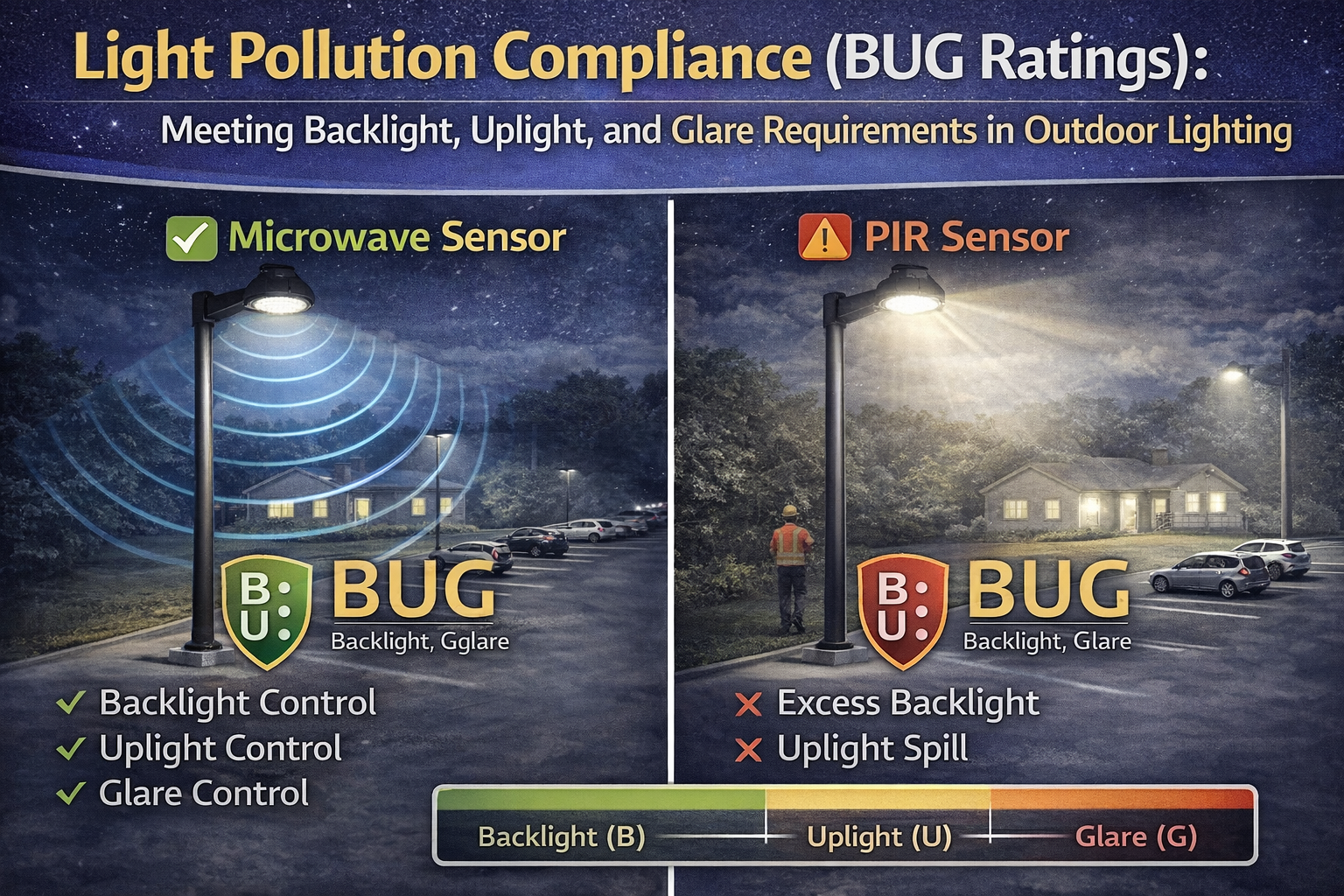 Illustration of outdoor lighting BUG ratings showing proper control of backlight, uplight, and glare to meet light pollution compliance requirements