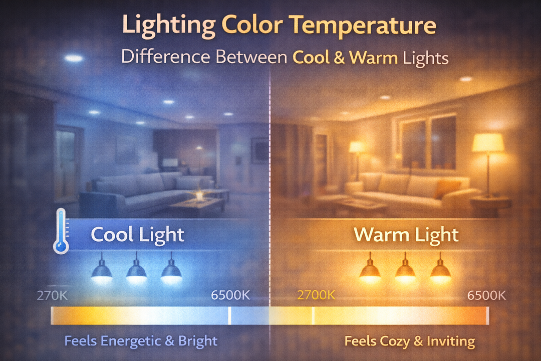 Infographic comparing lighting color temperature, showing the difference between cool and warm lights with Kelvin scale examples