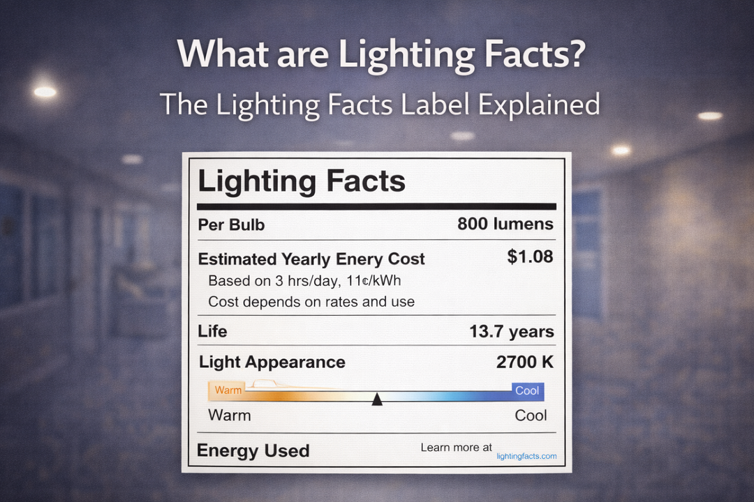 Educational graphic explaining the Lighting Facts label, showing brightness, energy cost, lifespan, color temperature, and energy use