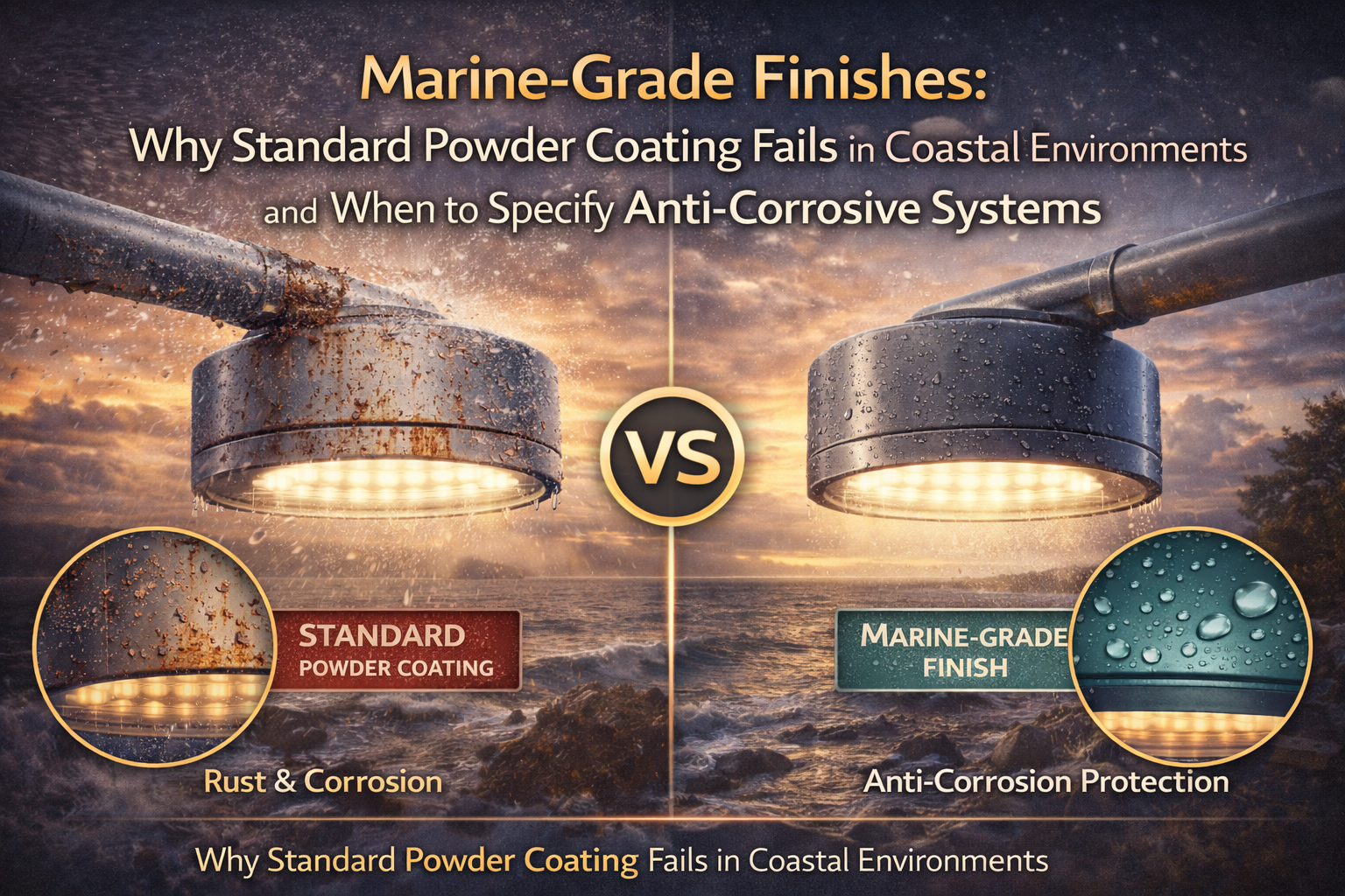 Comparison of marine-grade and standard powder-coated lighting finishes, showing corrosion failure in coastal environments versus anti-corrosive protection.