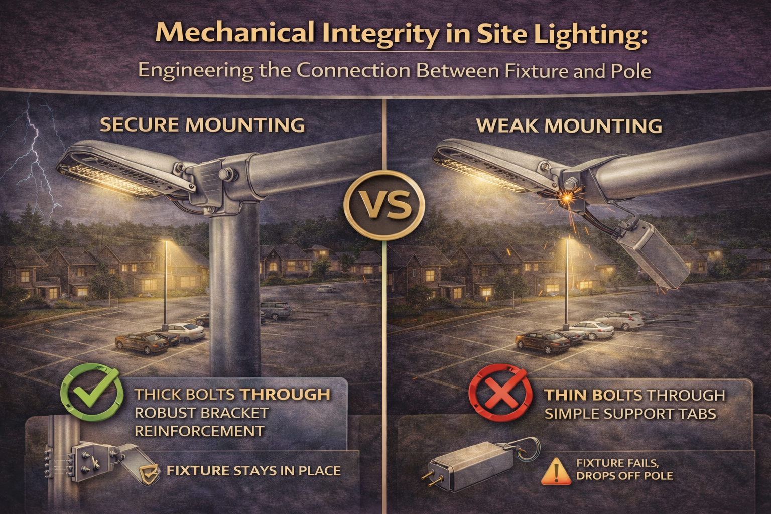 Comparison of secure and weak fixture-to-pole mounting methods in site lighting installations