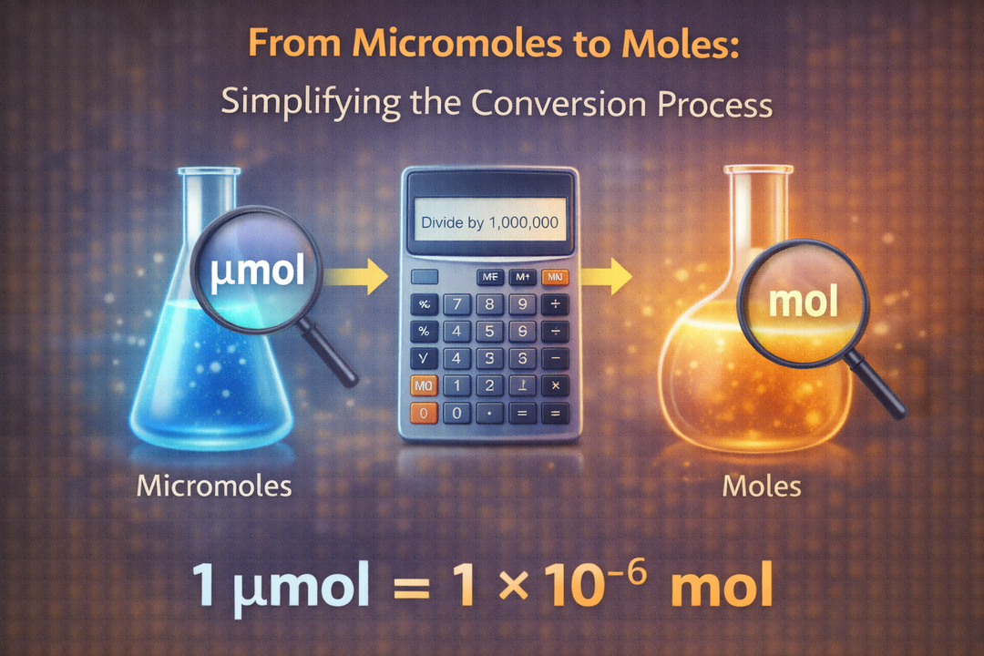 Infographic illustrating the conversion from micromoles to moles, showing the mathematical relationship and step-by-step conversion process