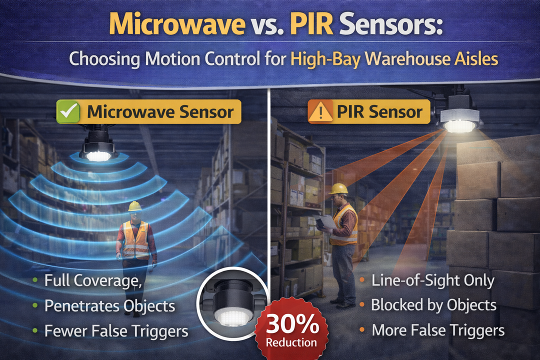 Comparison of microwave and PIR motion sensors used in high-bay warehouse aisles showing full-coverage detection versus line-of-sight limitations