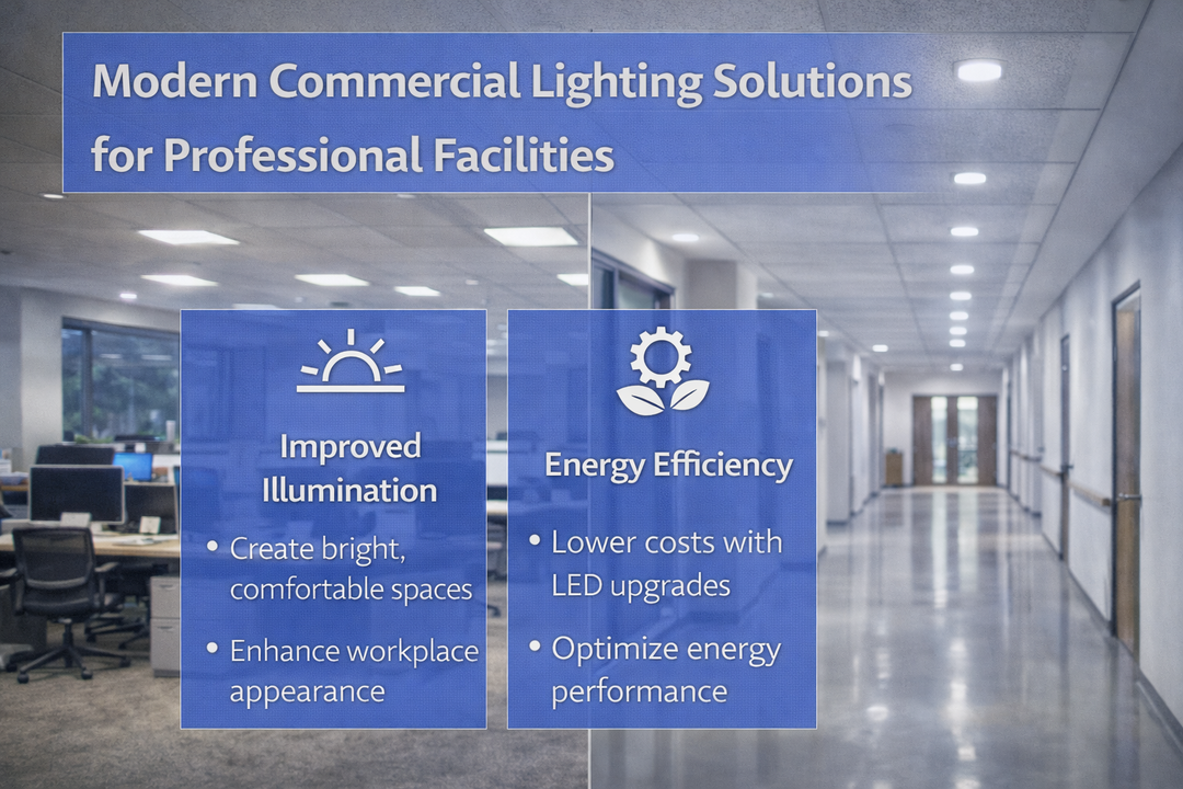 Modern commercial lighting solutions using LED ceiling fixtures in office and corridor environments within professional facilities