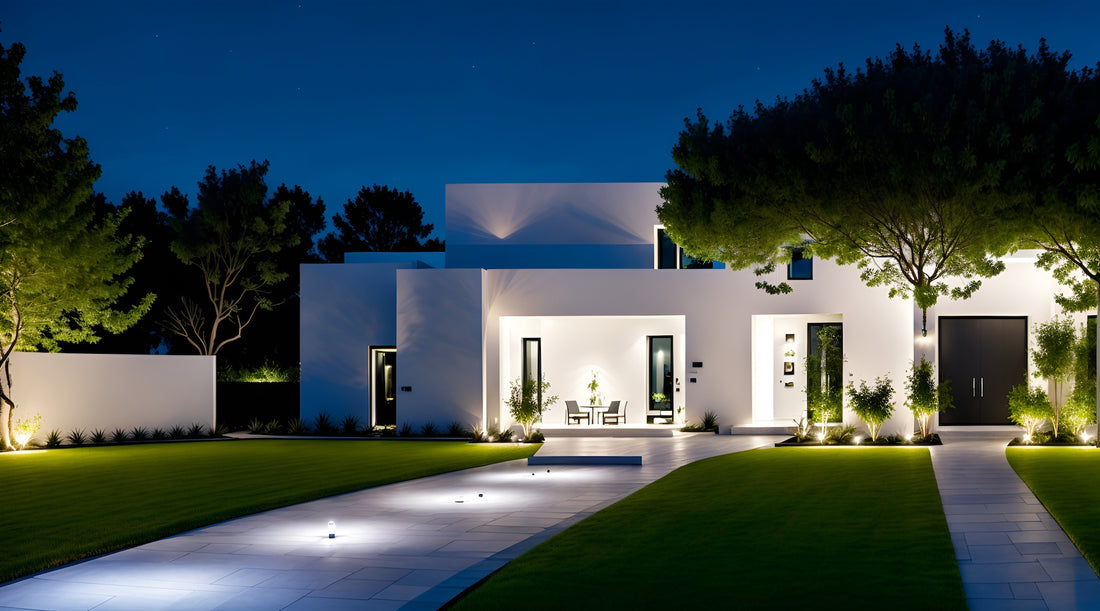 Modern home with outdoor security lights illuminating pathways and entrance