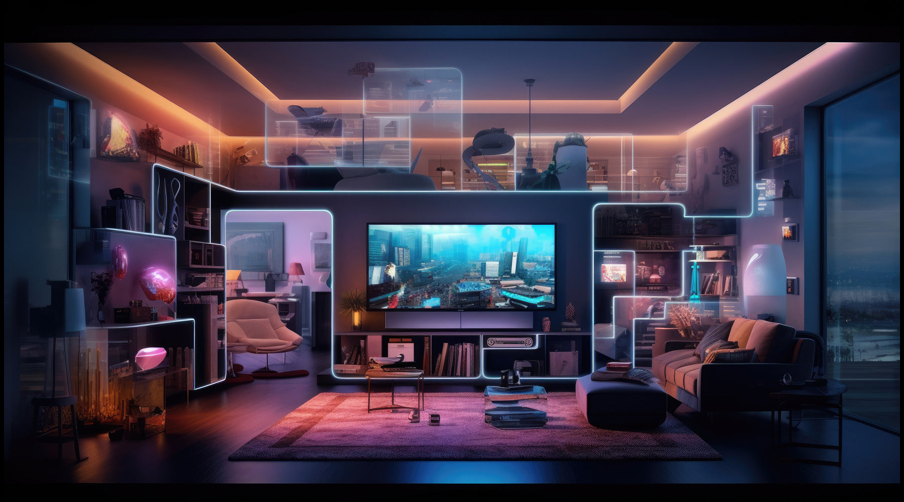Modern living space shown with tech lighting ranging from smart lights and thermostats to voice controlled assistants