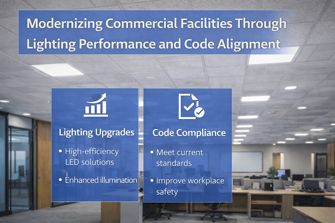 Modernized commercial facility using LED ceiling panel lighting to improve performance and align with current electrical codes