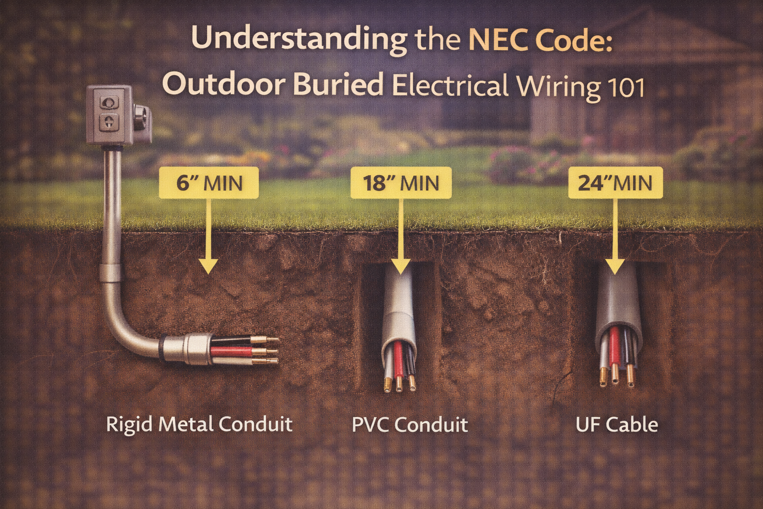 Infographic explaining NEC code requirements for outdoor buried electrical wiring, showing minimum burial depths for conduit and cable types