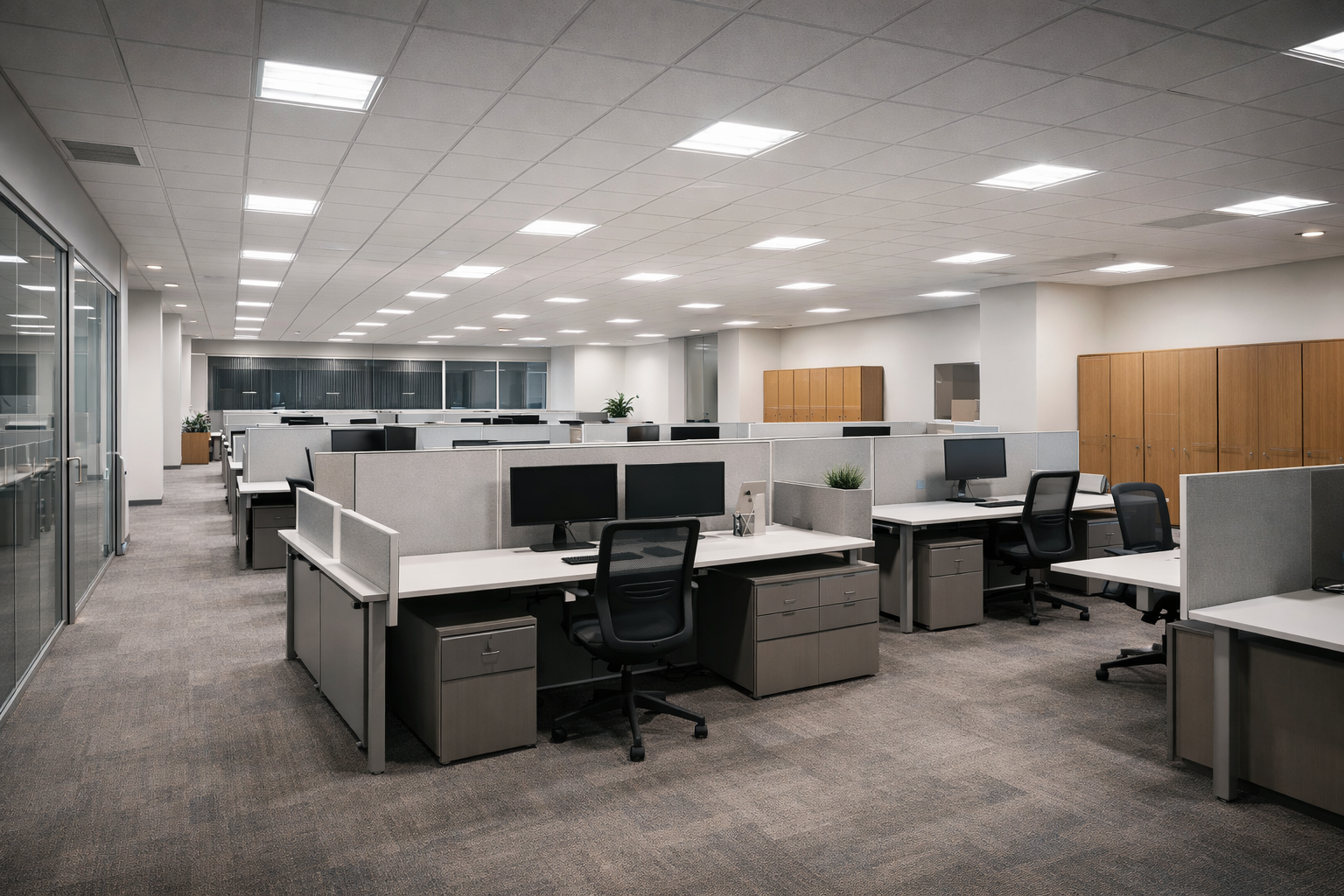 Office lighting fixtures providing balanced, glare-controlled illumination designed to support productivity, visual comfort, and energy efficiency in a modern commercial workspace.