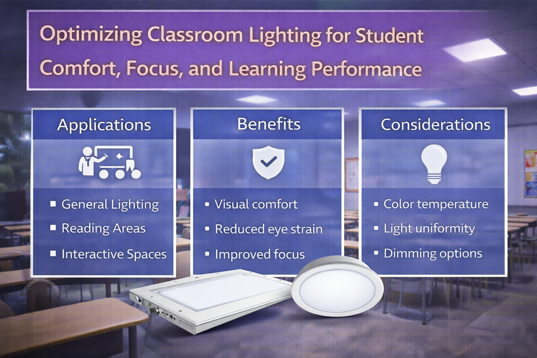 Classroom lighting design using LED panel and recessed fixtures to support student comfort, focus, and learning performance