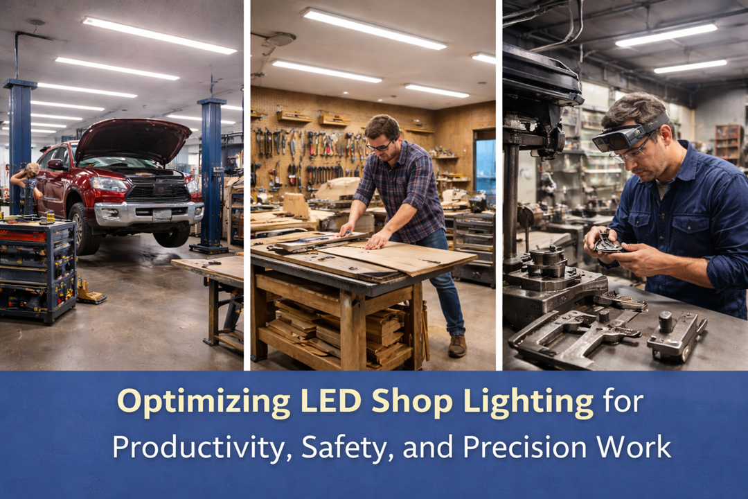 Split image showing LED shop lighting illuminating an automotive repair bay, a woodworking shop, and a precision metalworking workspace, with on-image text highlighting optimized LED shop lighting for productivity, safety, and precision work.