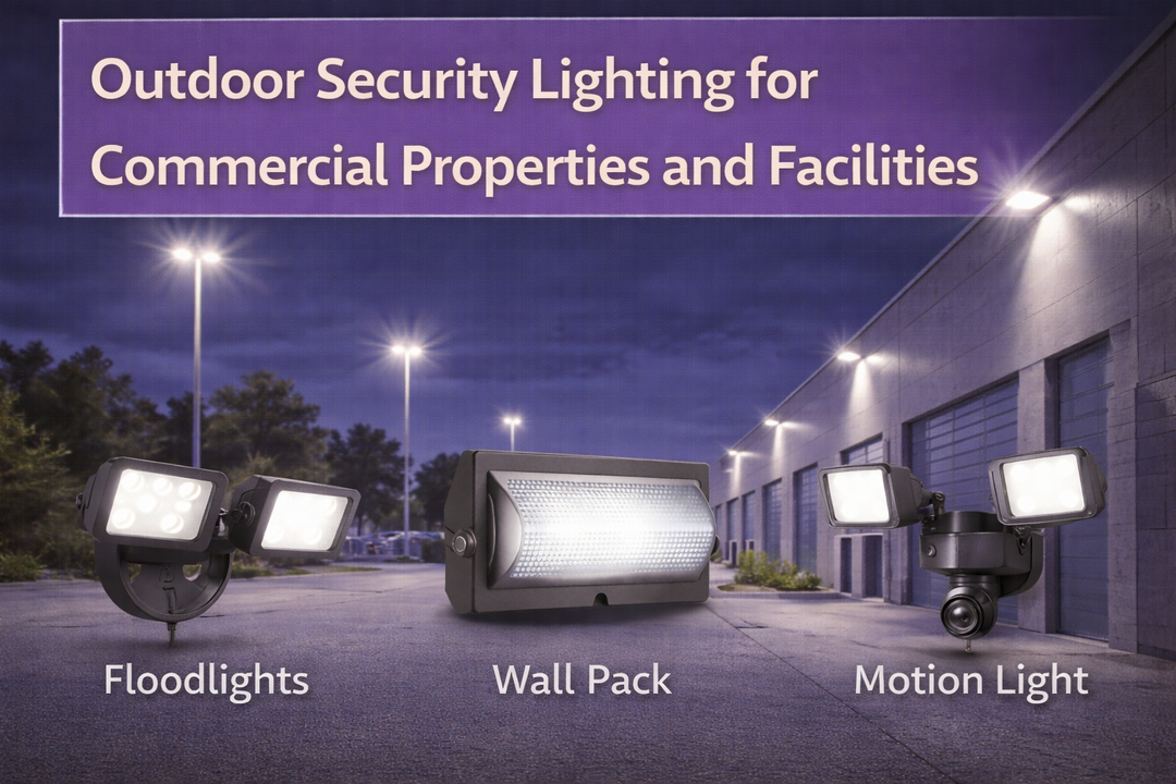Outdoor security lighting using LED floodlights and wall pack fixtures to illuminate commercial properties and facility exteriors